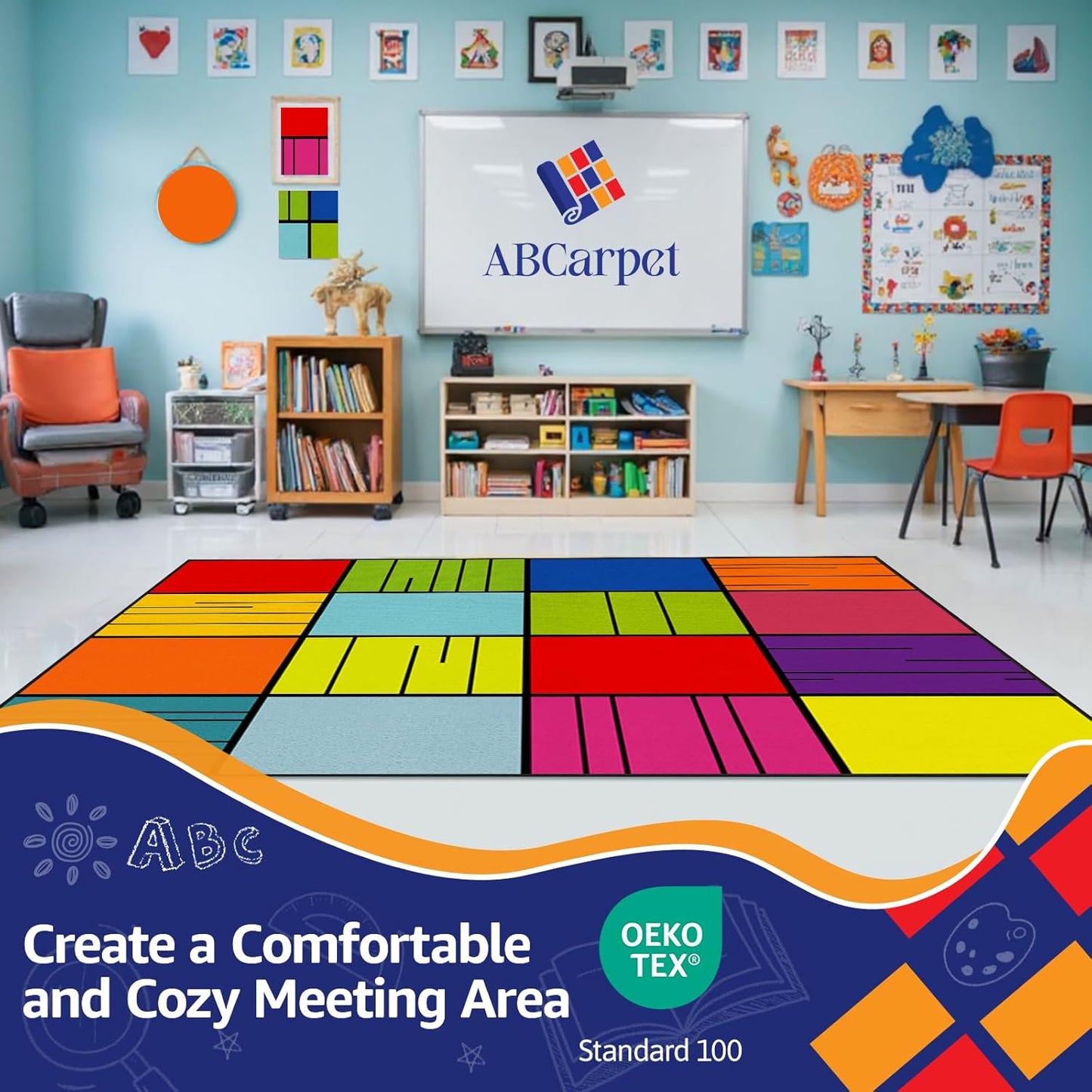 Small Classroom Rug, Seats16 Children, 6'x8' Non Slip Soft Washable Colorful Foldable Rug