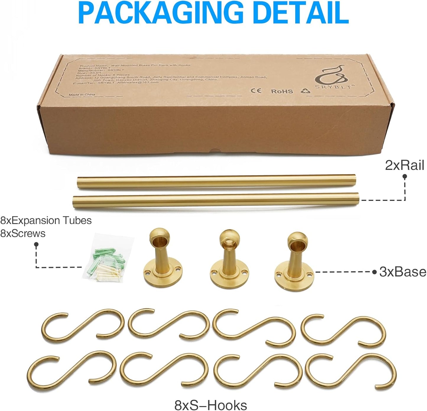 Brass Pot Rack with Hooks, 30 Inch, Wall Kitchen Mounted Organizer, Kitchen Hanging Hooks