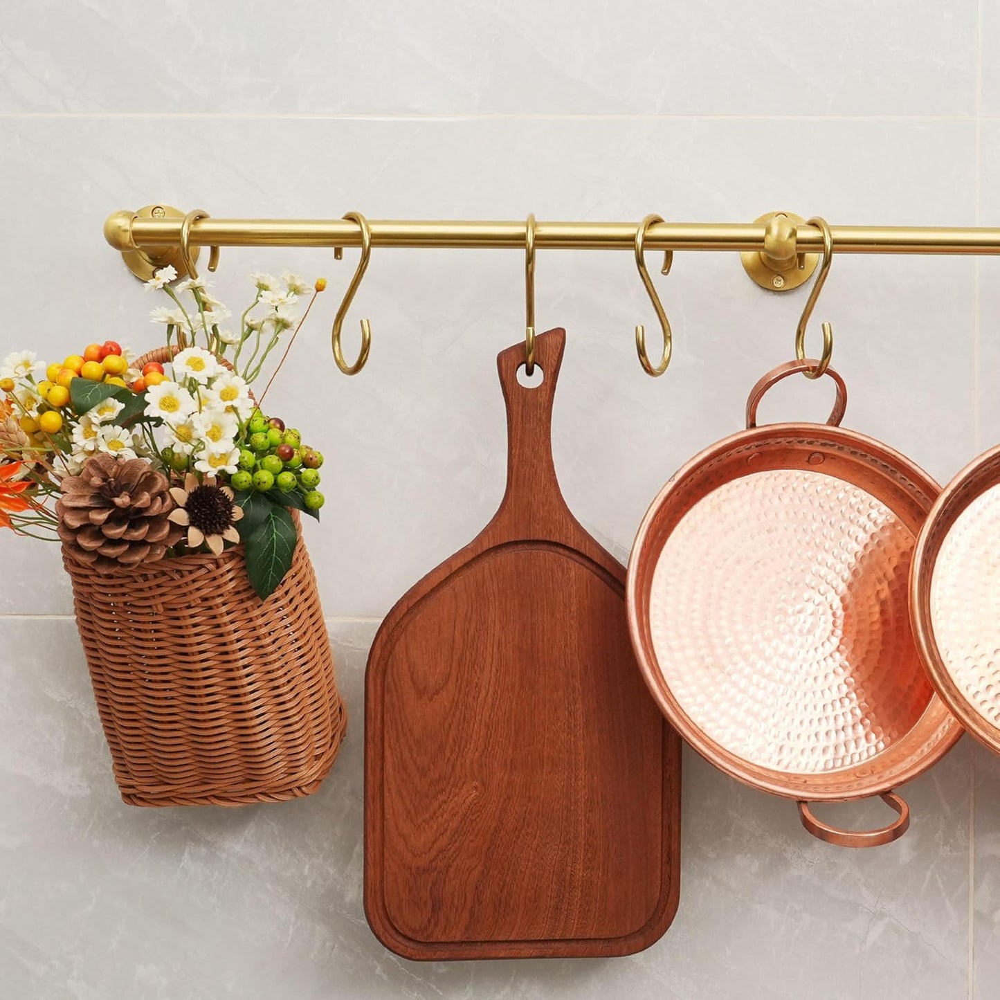 Brass Pot Rack with Hooks, 30 Inch, Wall Kitchen Mounted Organizer, Kitchen Hanging Hooks