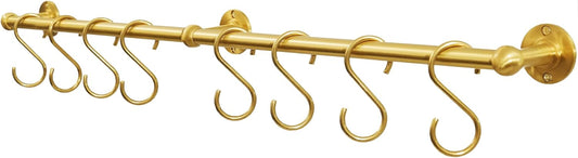 Brass Pot Rack with Hooks, 30 Inch, Wall Kitchen Mounted Organizer, Kitchen Hanging Hooks