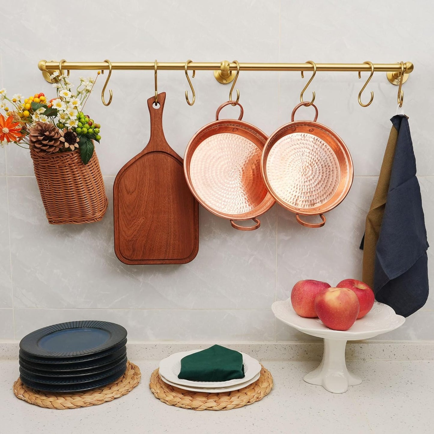 Brass Pot Rack with Hooks, 30 Inch, Wall Kitchen Mounted Organizer, Kitchen Hanging Hooks