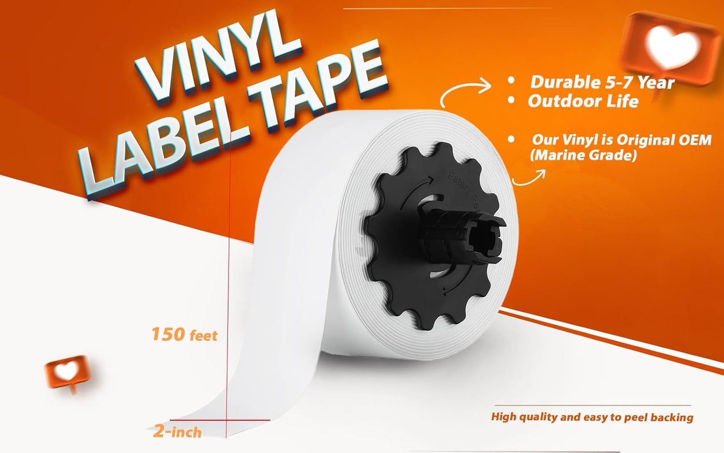 White Vinyl Tape, 150' Length, 2' Width. Durable Adhesive Vinyl Tape VNMWT-3508