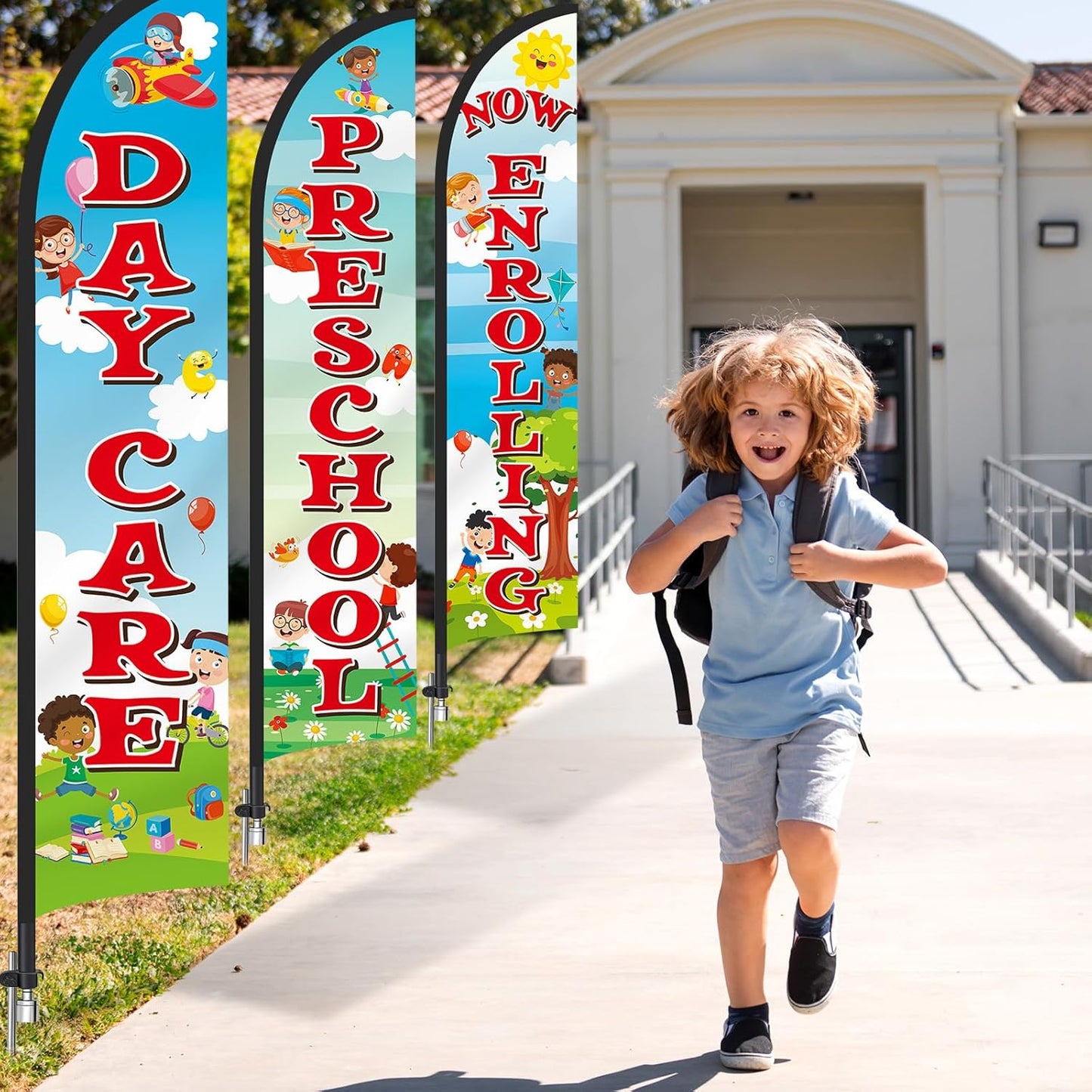 3 Pack 'Now Enrolling Preschool Daycare' Feather Flag Weatherproof Polyester 12'x2.5'