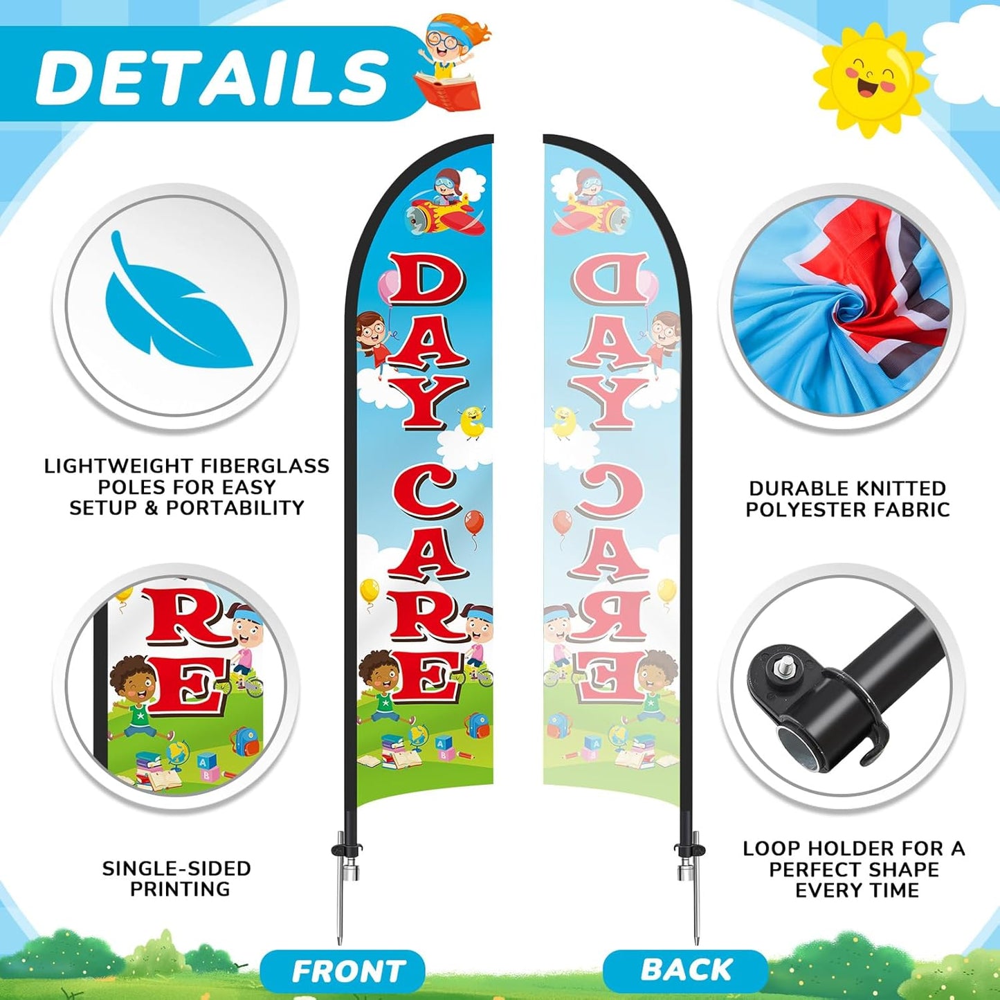3 Pack 'Now Enrolling Preschool Daycare' Feather Flag Weatherproof Polyester 12'x2.5'