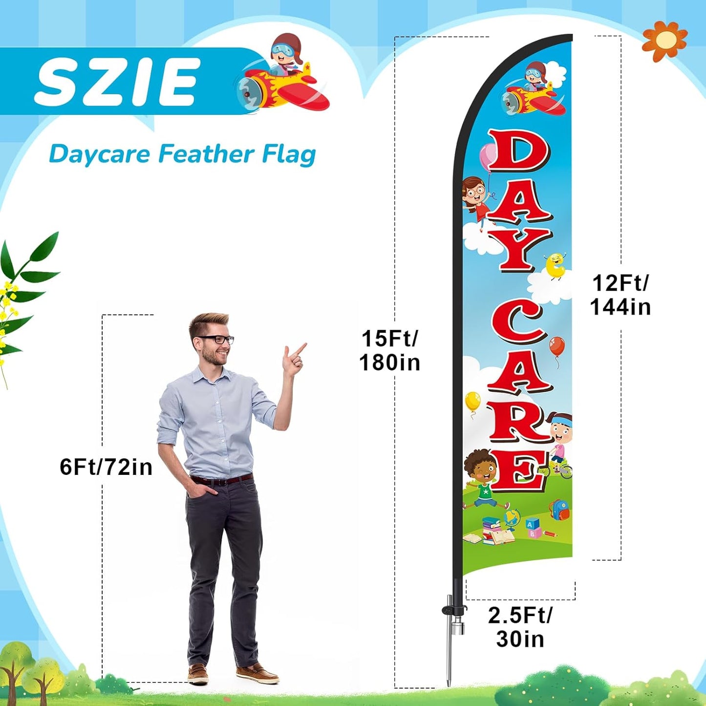 3 Pack 'Now Enrolling Preschool Daycare' Feather Flag Weatherproof Polyester 12'x2.5'