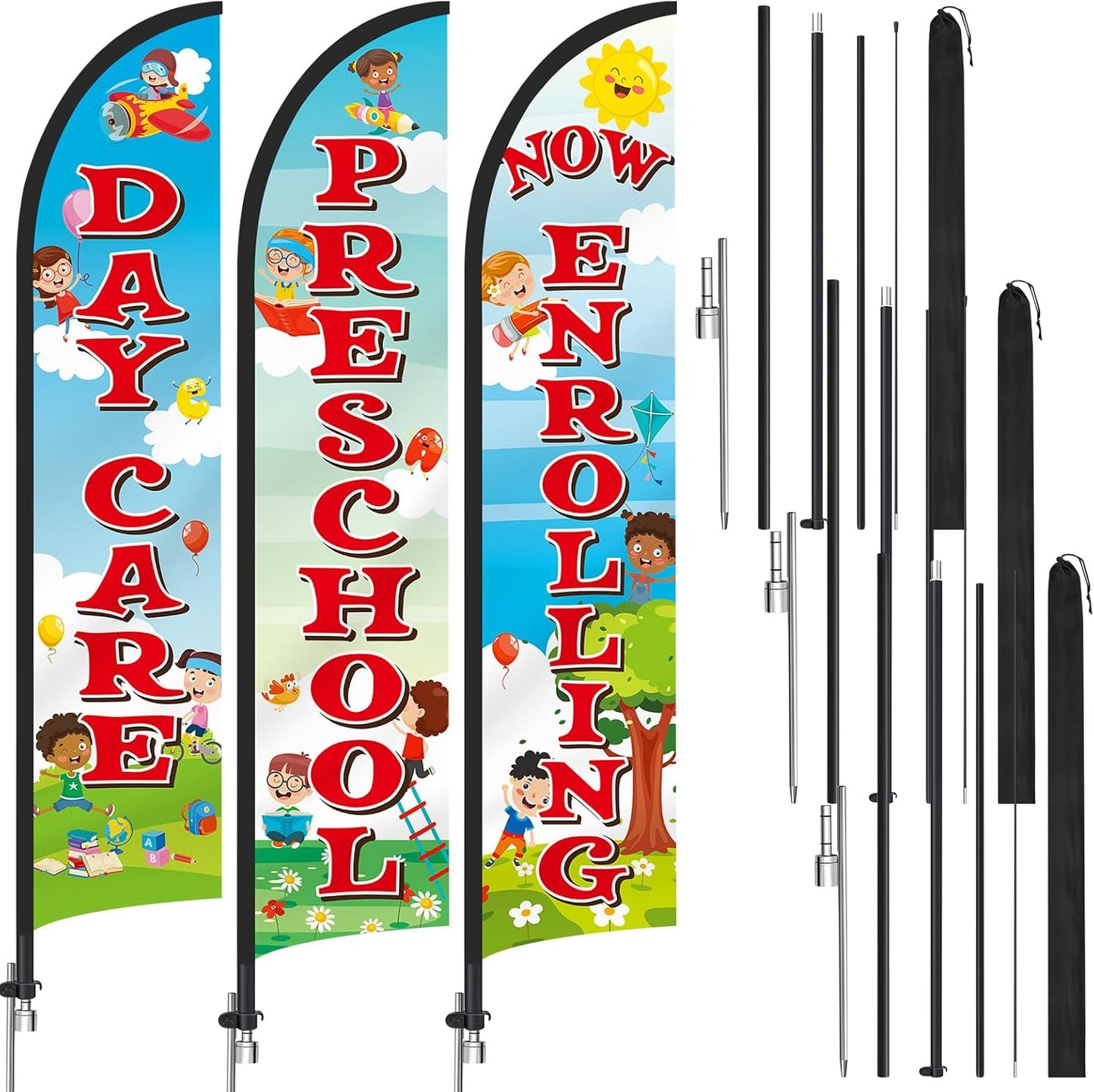 3 Pack 'Now Enrolling Preschool Daycare' Feather Flag Weatherproof Polyester 12'x2.5'