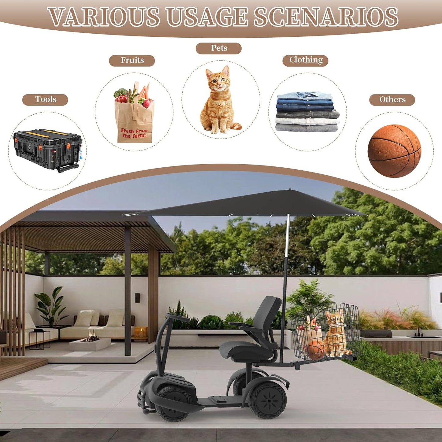 Mobility Scooter, Heavy Duty, Rear Basket and Adjustable Height Foldable Sunshade Canopy Set