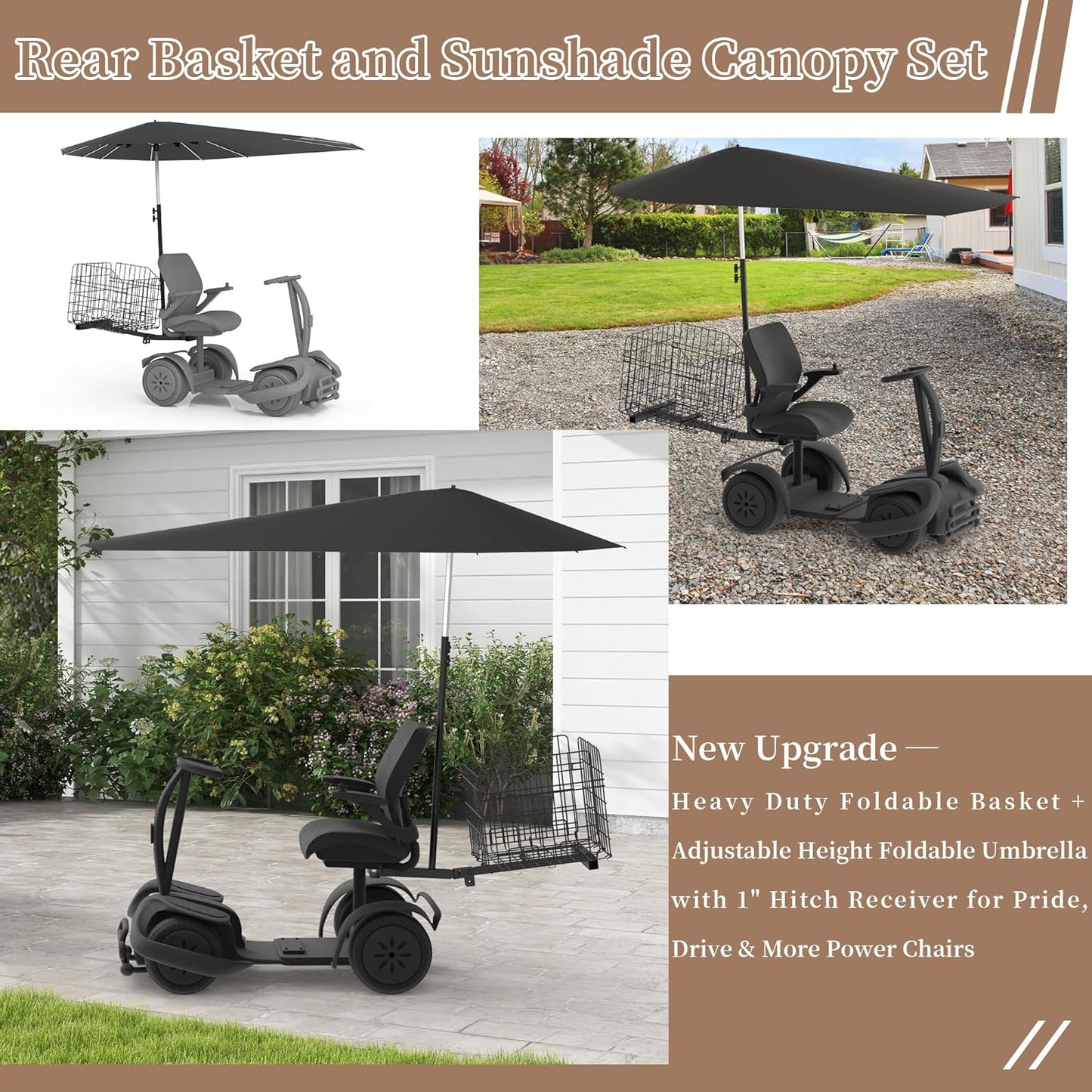 Mobility Scooter, Heavy Duty, Rear Basket and Adjustable Height Foldable Sunshade Canopy Set