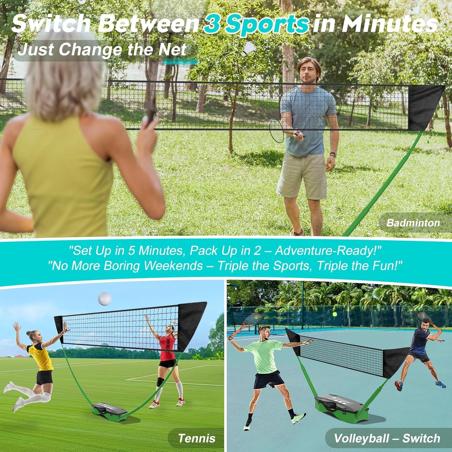 Portable Badminton Volleyball Tennis Net Set 3 in1 with1 Volleyball, Raquets, Accessories
