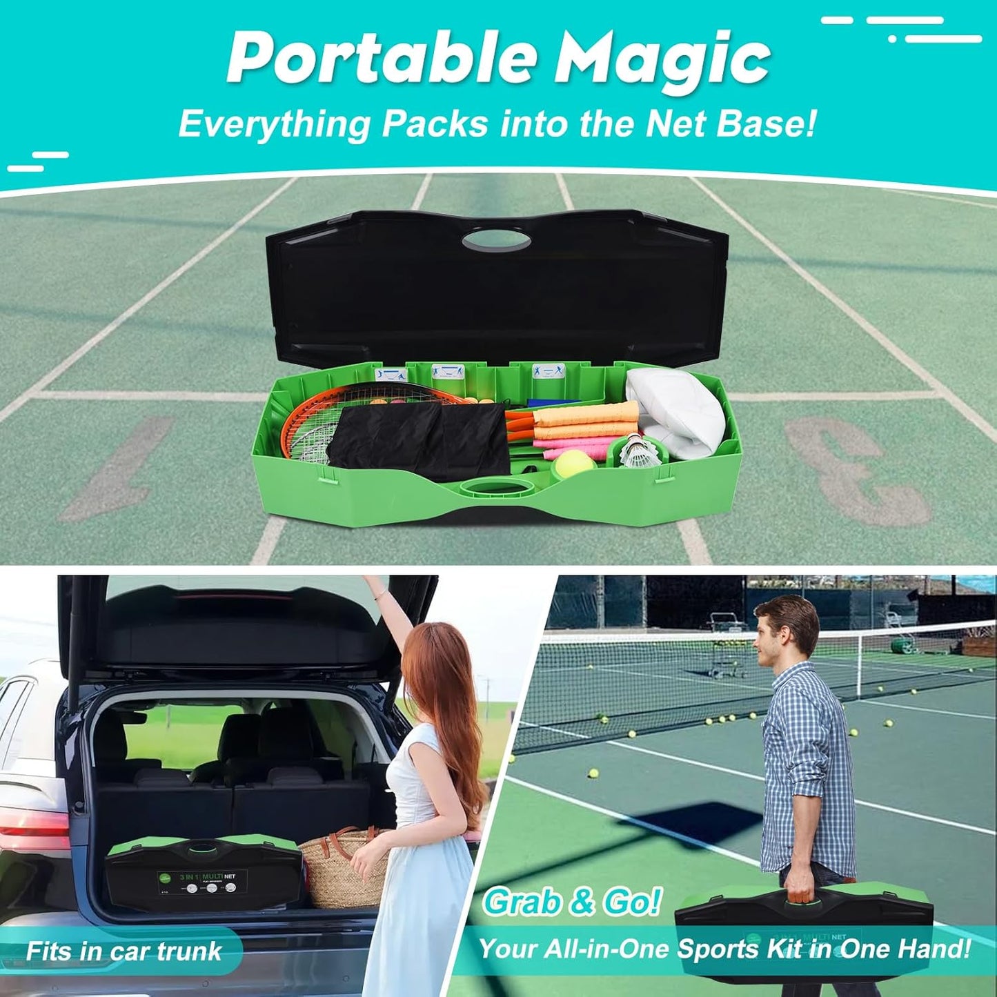 Portable Badminton Volleyball Tennis Net Set 3 in1 with1 Volleyball, Raquets, Accessories