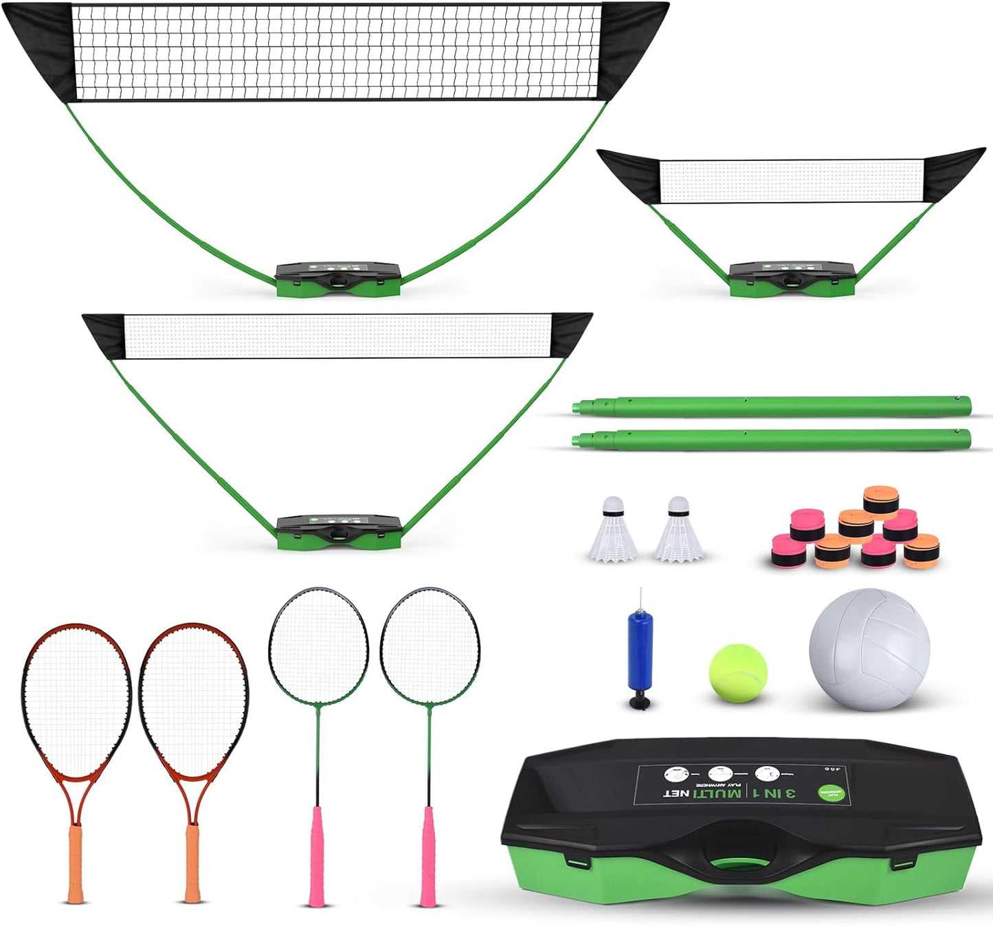 Portable Badminton Volleyball Tennis Net Set 3 in1 with1 Volleyball, Raquets, Accessories