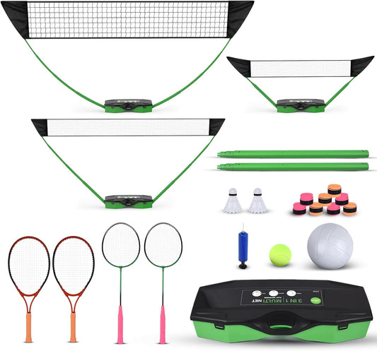 Portable Badminton Volleyball Tennis Net Set 3 in1 with1 Volleyball, Raquets, Accessories