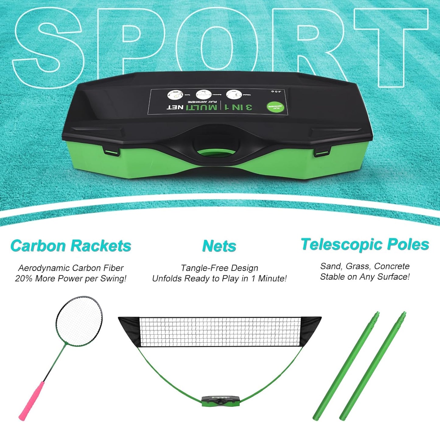 Portable Badminton Volleyball Tennis Net Set 3 in1 with1 Volleyball, Raquets, Accessories