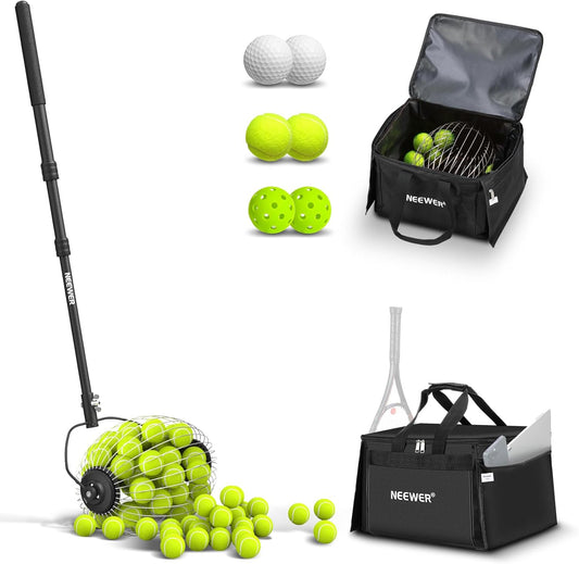 Tennis Ball Hopper, 30-58' Telescopic Golf Ball Retriever Pickleball Picker Upper, Rolling Collector Basket