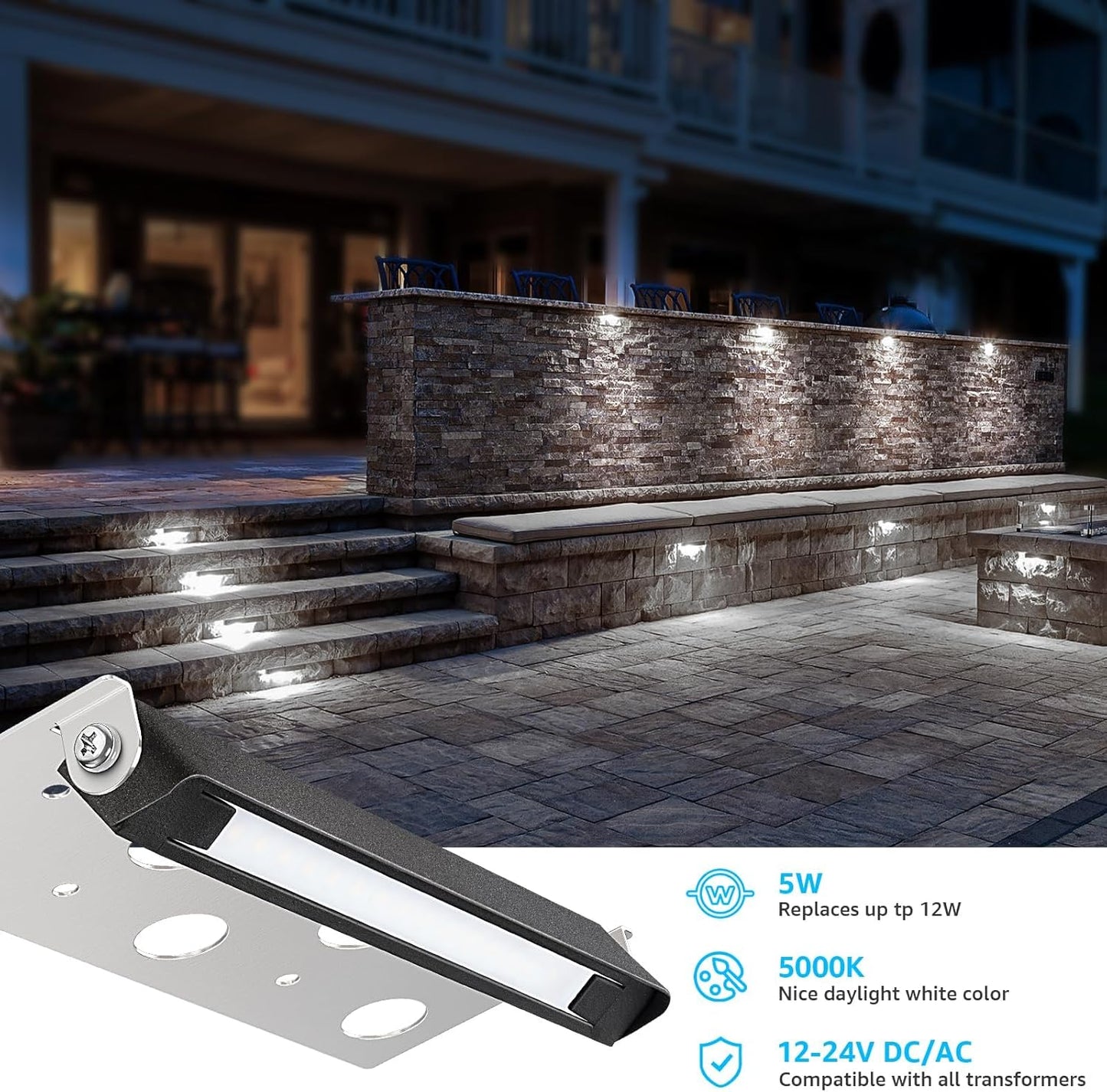 Hardscape Lighting, 7 Inch 5W LED 5000K Daylight, Retaining Wall Lights, 12-24V AC/DC, Waterproof