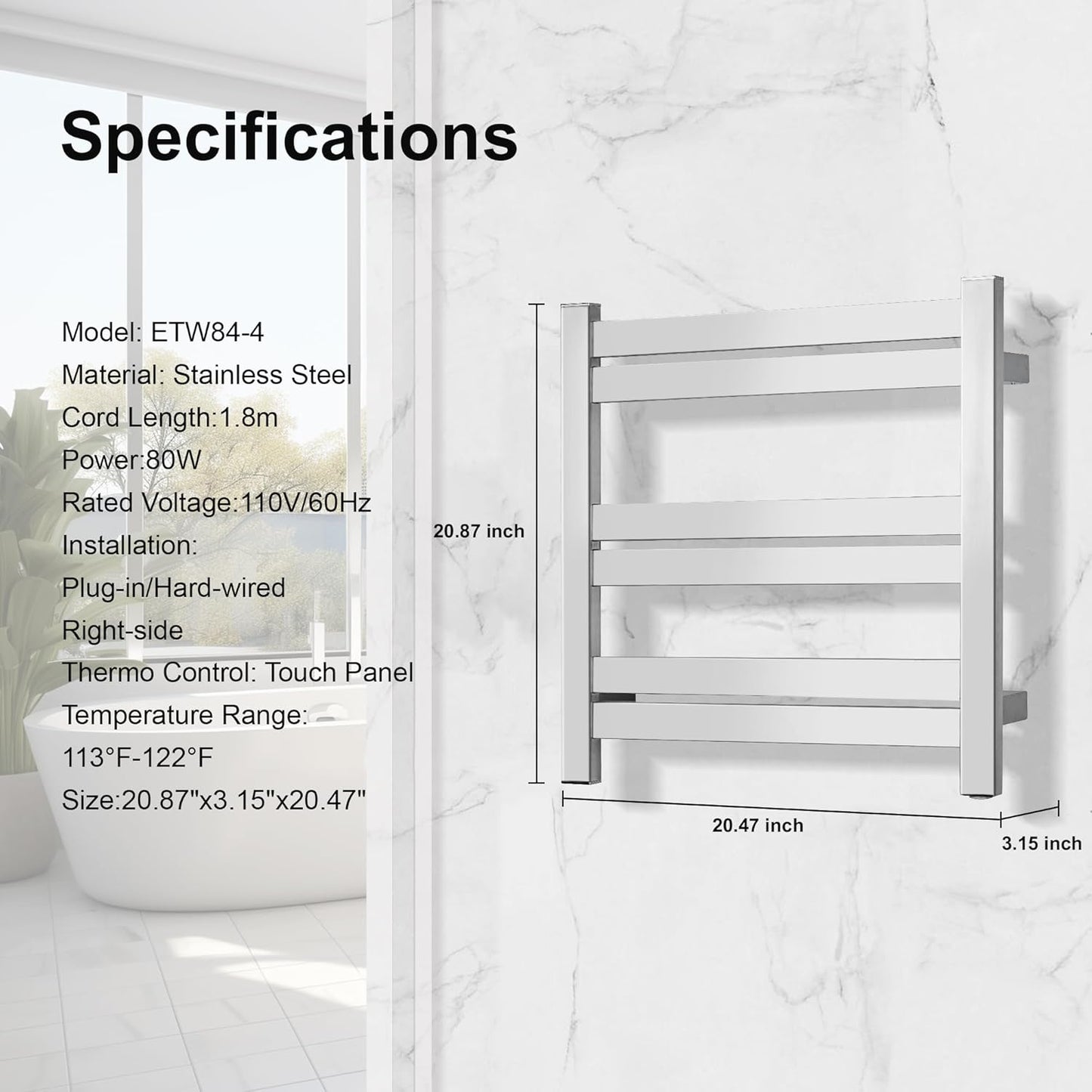 Electric Towel Warmer, Drying Towel Rack, Wall Mounted with Polished 6 Bars, 20.