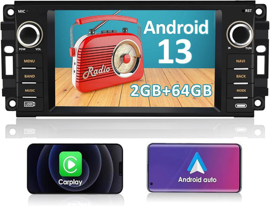 Radio for Jeep Wrangler JK Dodge RAM 1500 2500 3500 Compass Grand Cherokee, Android 13 2GB+64GB with Wireless CarPlay/A