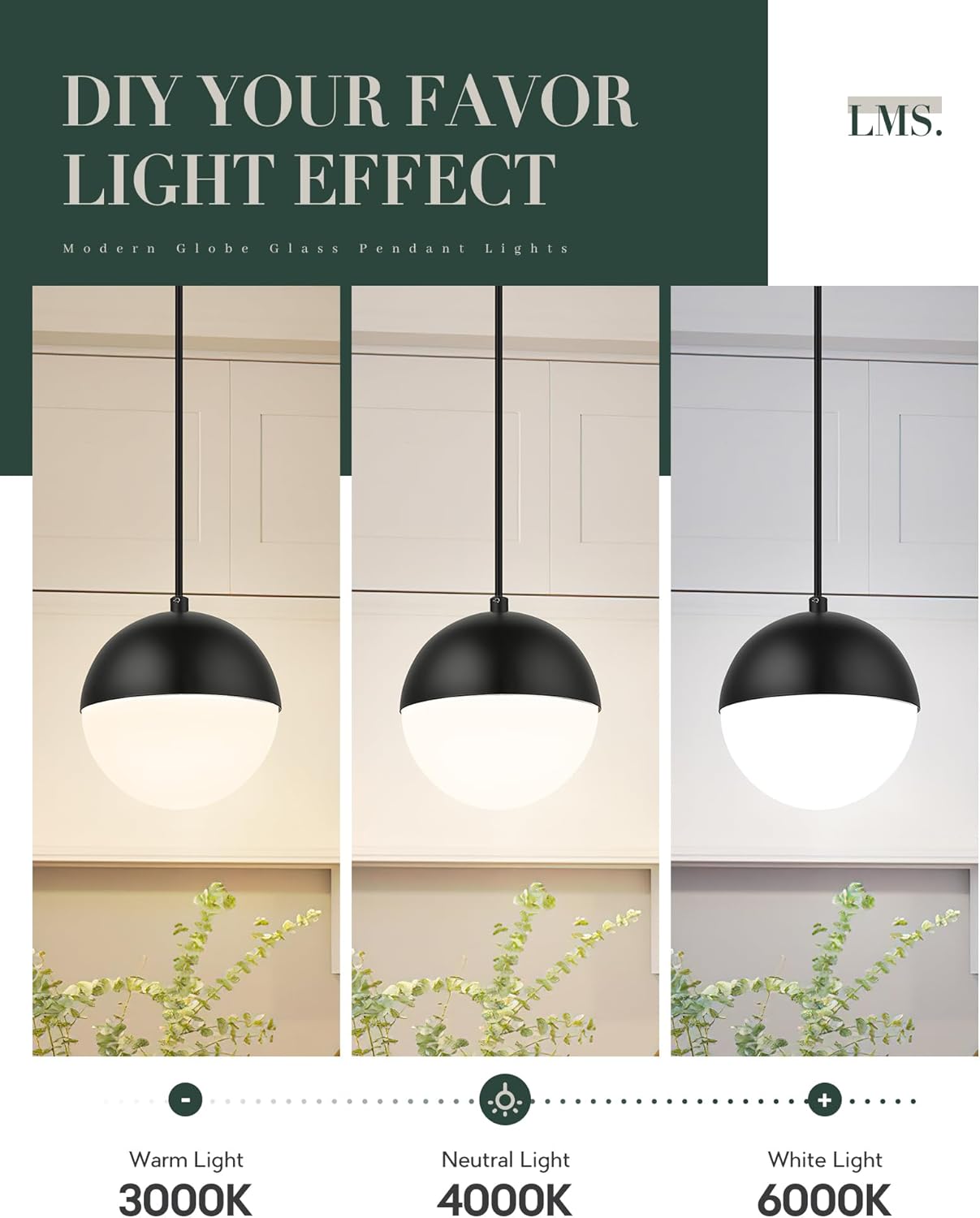 LMS 10 Inch Globe Pendant Lights, Oil Rubbed Bronze with White Globe Glass Shade