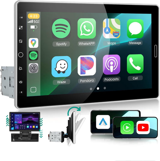 10.1 inch Single Din Car Stereo, AM/FM/RDS, Carplay Android Auto, Adjustable Touch Screen, Bluetooth