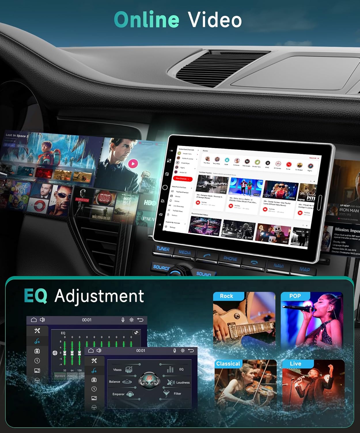 10.1 inch Single Din Car Stereo, AM/FM/RDS, Carplay Android Auto, Adjustable Touch Screen, Bluetooth