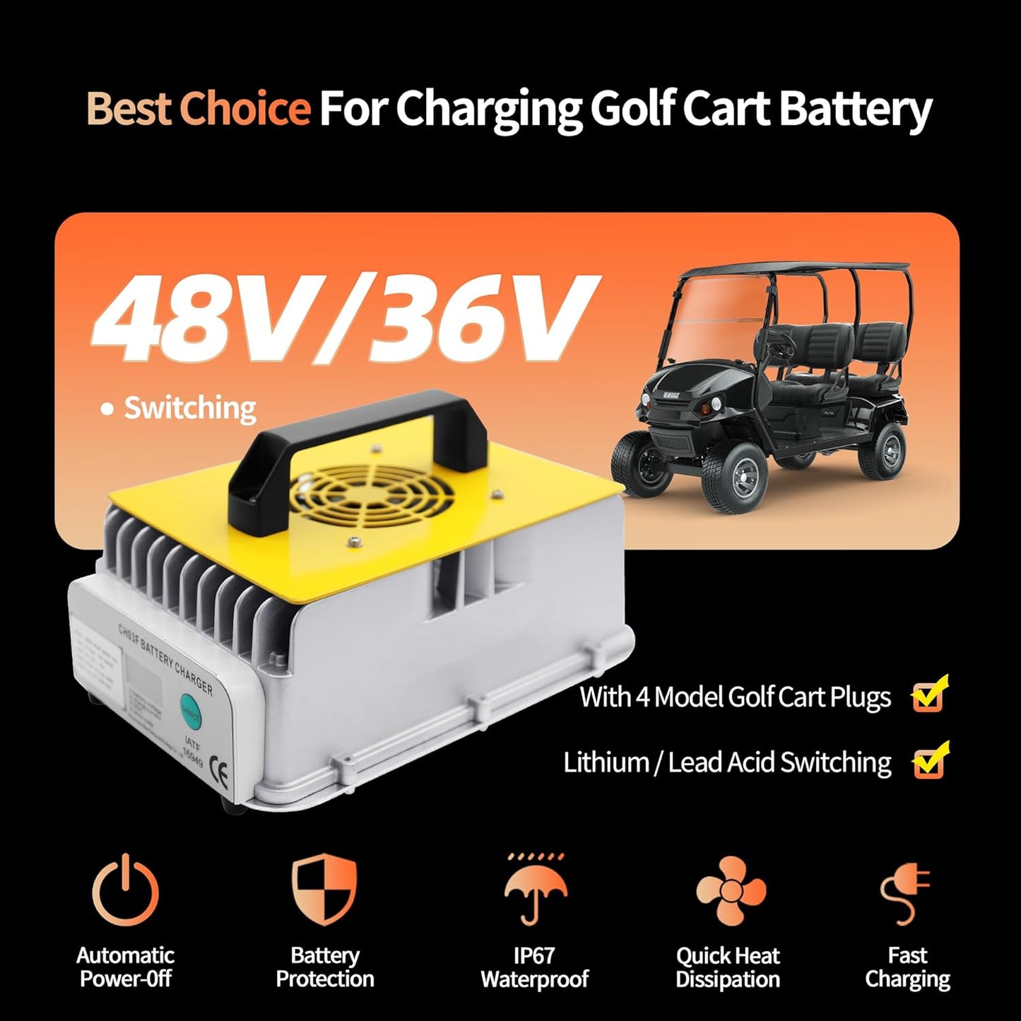 18 AMP 36 Volt Golf Cart Battery Charger for EZGO TXT with D Style Plug for Lead Acid Battery, Automatic Power-Off Protection