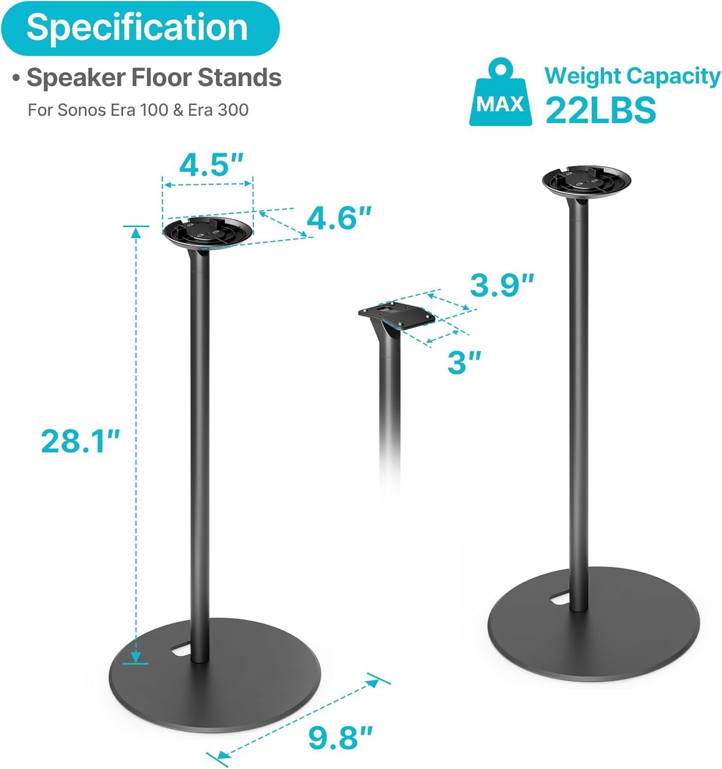 Pegzone Speaker Stands Pair Compatible with Sonos Era 100 and Era 300, 22 LBS Capacity, 28.1' Fixed Height
