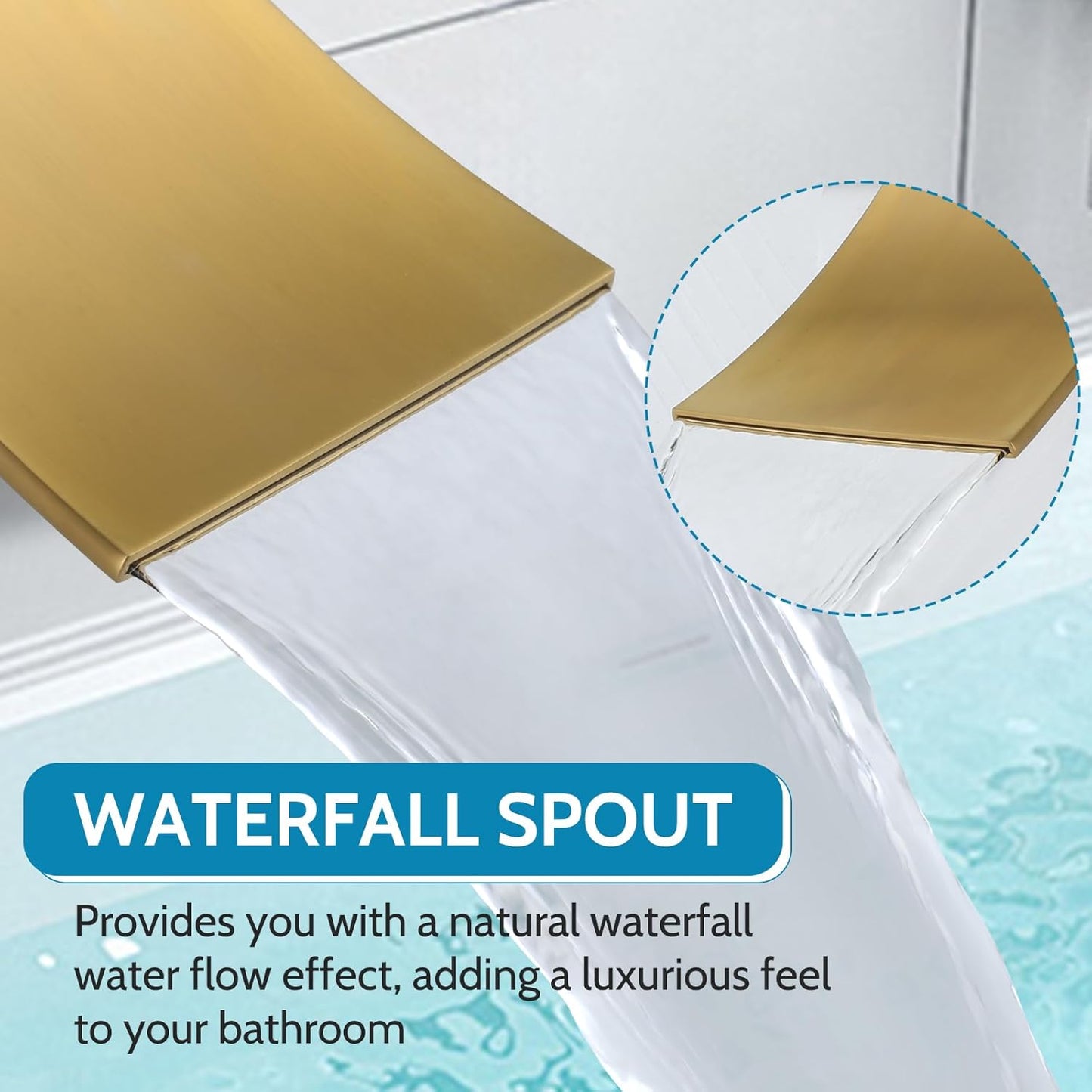 Wall Mount Waterfall Tub Filler, High Flow Bath Tub Faucet 3 Holes Bathroom Faucets Two Handles Solid Brass, Brushed Gold