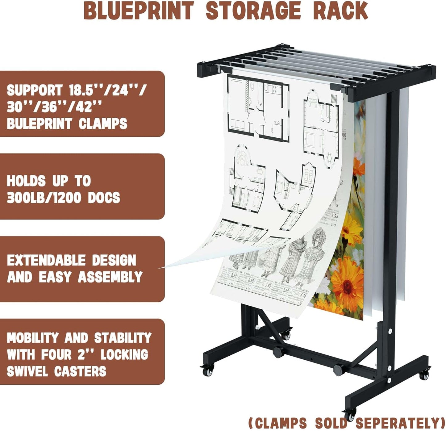 Mobile Blueprint Storage Rack, Adjustable and Portable Vertical Blueprint Holder and Organizer