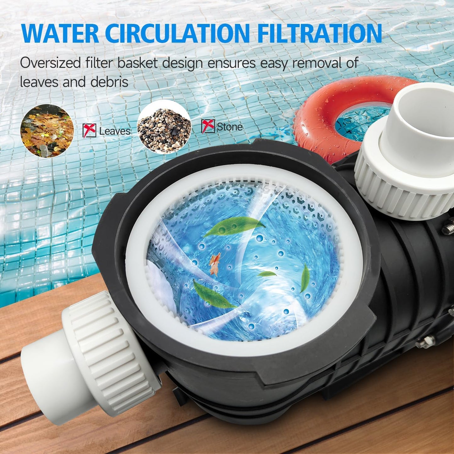 Pool Pump, 2.0 HP Variable Speed, 8000GPH 230V Above Ground, 1500W, with Strainer Basket and Drain Plug