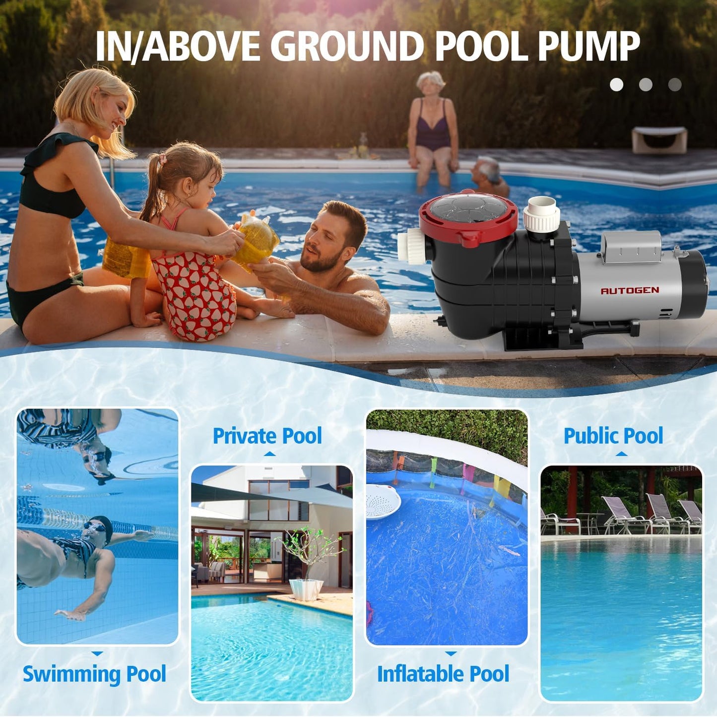 Pool Pump, 2.0 HP Variable Speed, 8000GPH 230V Above Ground, 1500W, with Strainer Basket and Drain Plug
