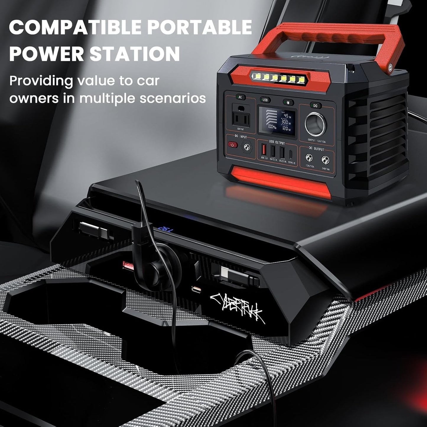 Cybertruck USB Charger Hub with 110V AC Outlet  Retractable Cables Seamless Integration