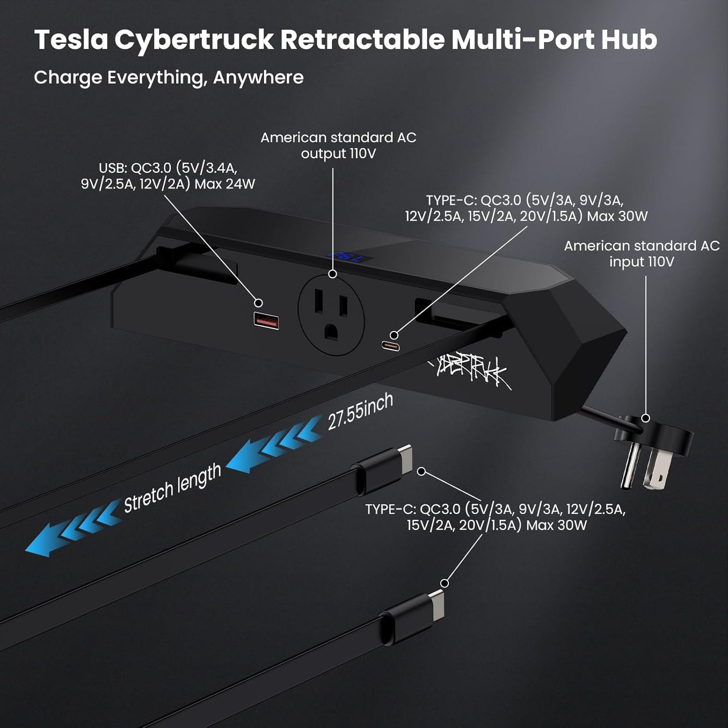 Cybertruck USB Charger Hub with 110V AC Outlet  Retractable Cables Seamless Integration