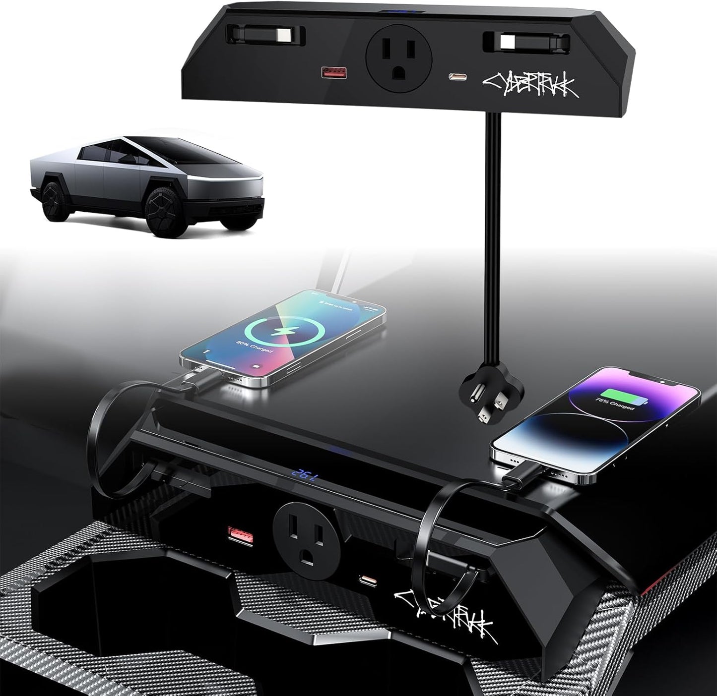 Cybertruck USB Charger Hub with 110V AC Outlet  Retractable Cables Seamless Integration