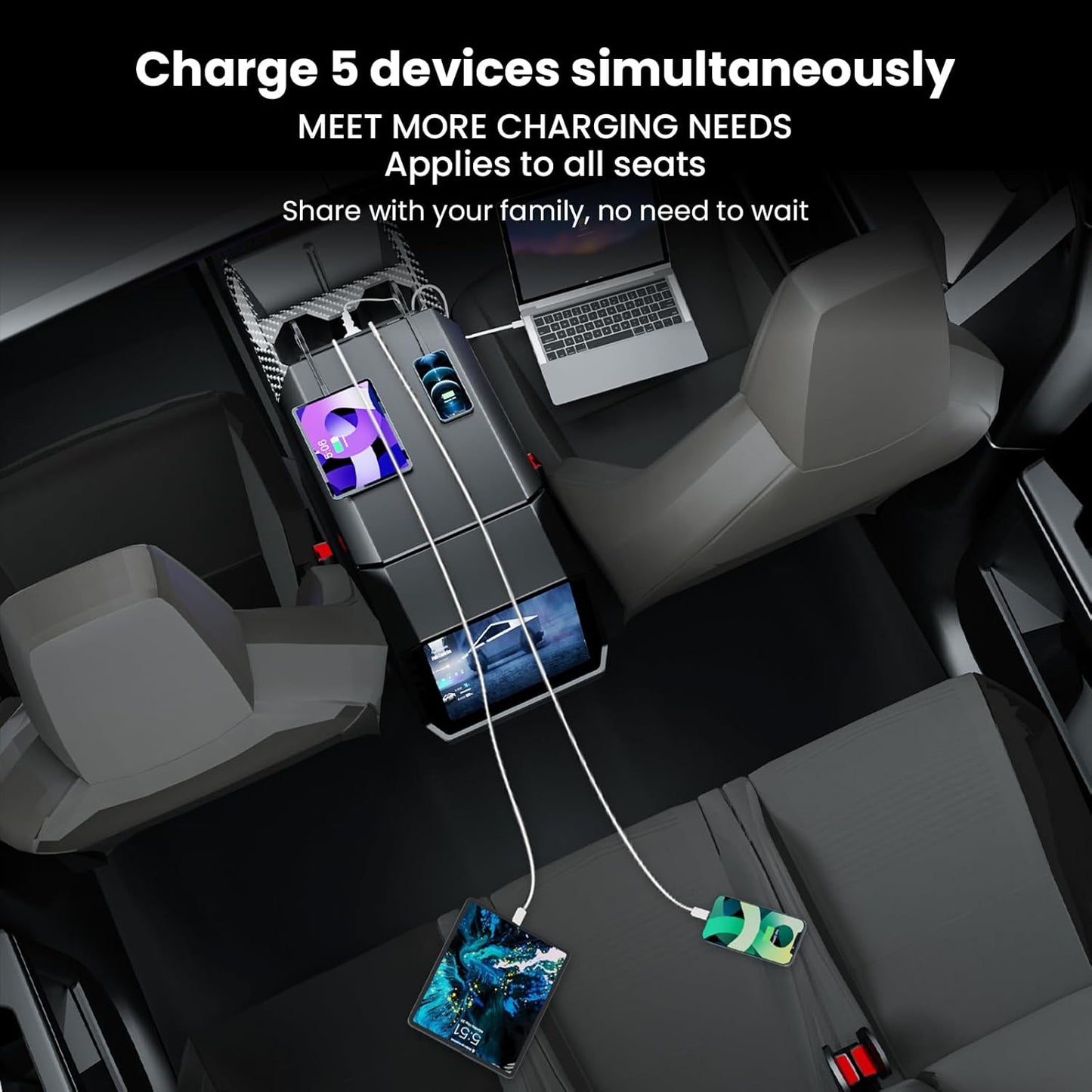 Cybertruck USB Charger Hub with 110V AC Outlet  Retractable Cables Seamless Integration