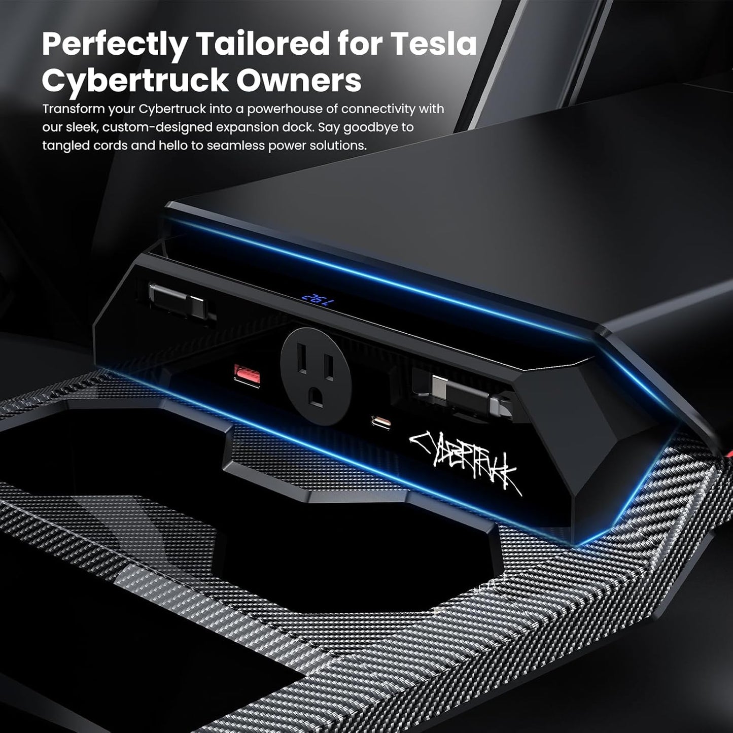 Cybertruck USB Charger Hub with 110V AC Outlet  Retractable Cables Seamless Integration