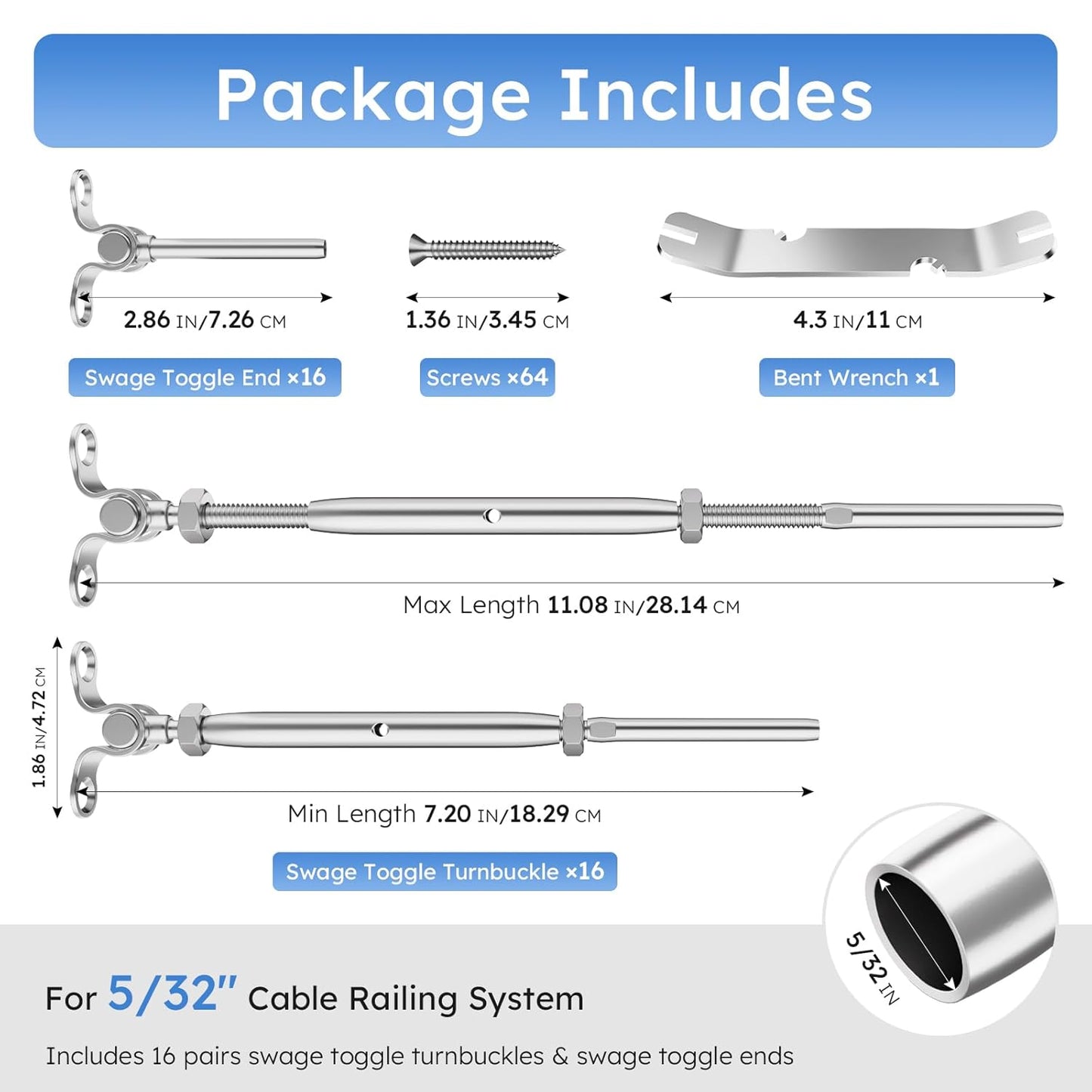 Stainless Steel Cable Railing Kit For 5/32' Wire Rope, 16 pairs Turnbuckle Tensioner, End Fittings (no wire included)