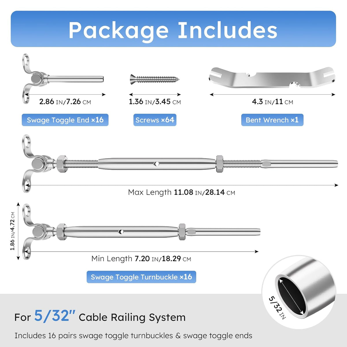 16 Pairs Stainless Steel Cable Railing Kit Fit 5/32" Wire Rope, Angle 180°Adjustable Swage Toggle Turnbuckle Tensioner and End Fitting, T316 Marine-Grade Cable Railing Hardware for Wood Post