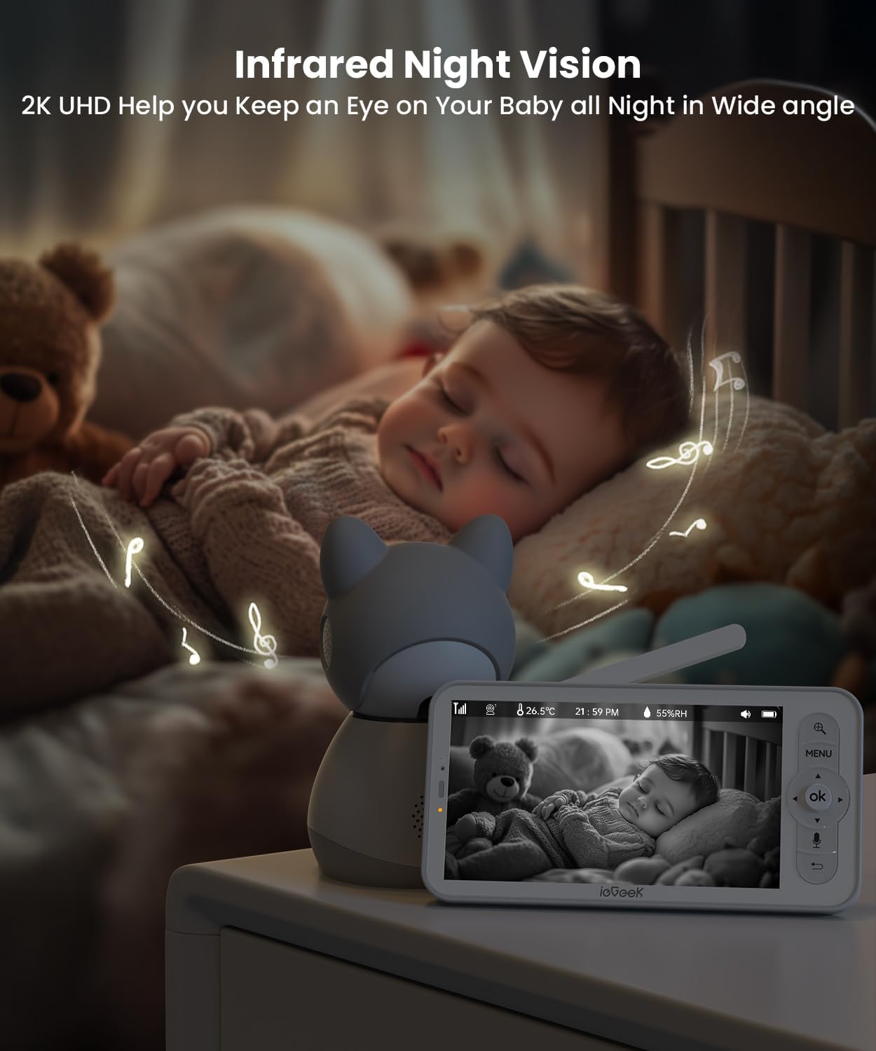 Baby Monitor with Camera and Audio 2K Video Monitor with Screen, Night Vision, Two-Way Talk