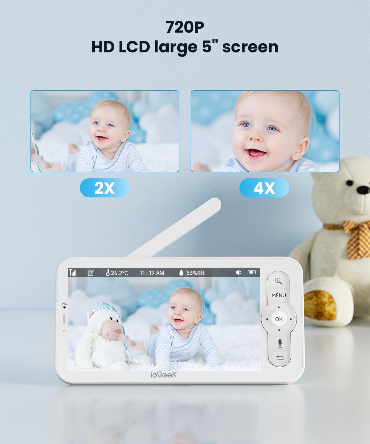Baby Monitor with Camera and Audio 2K Video Monitor with Screen, Night Vision, Two-Way Talk