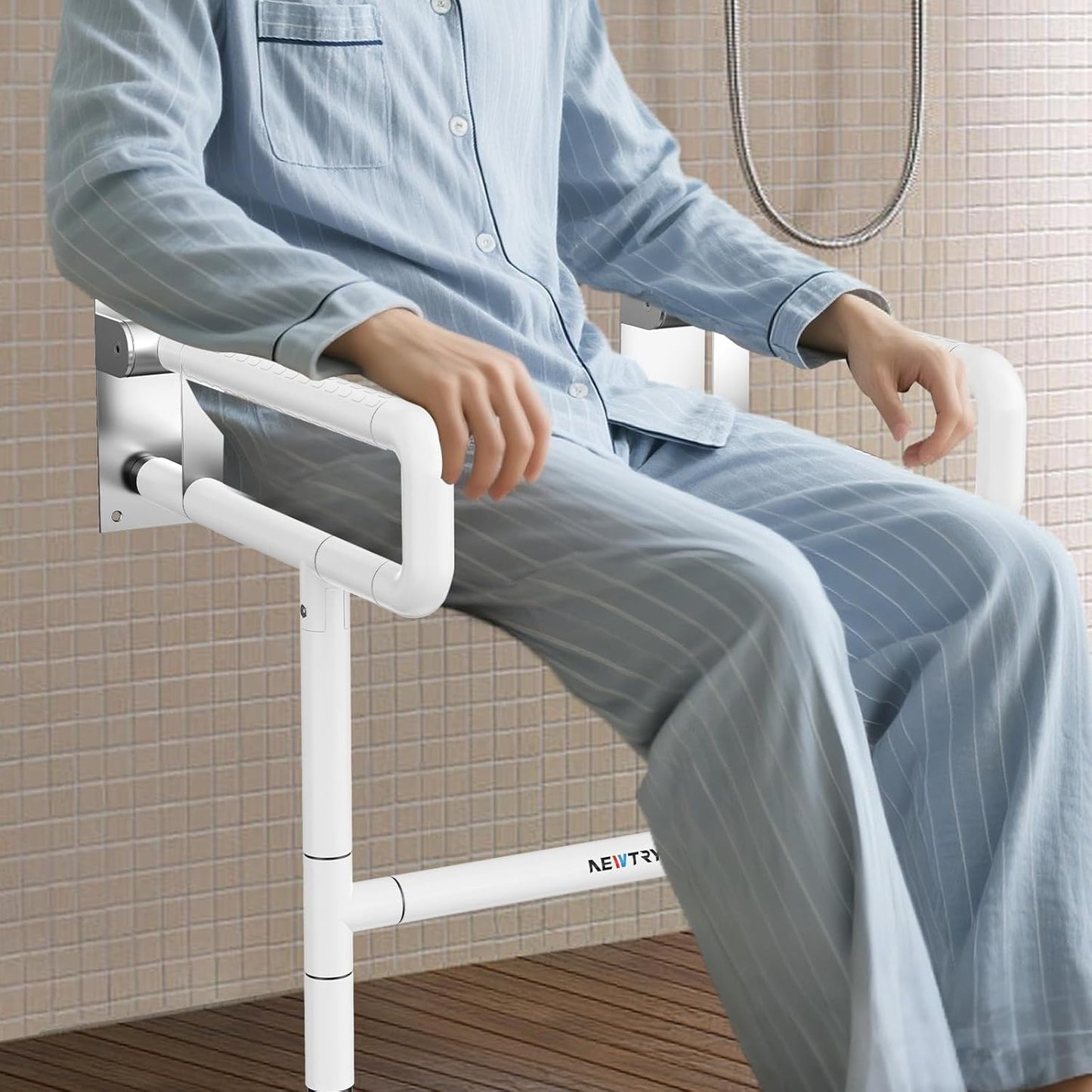 Folding Shower Seat Wall Mounted, 660lb Fold Down Shower Seat with Support Armrests/Footrest, Foldable