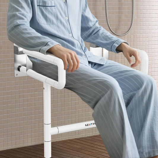 Folding Shower Seat Wall Mounted, 660lb Fold Down Shower Seat with Support Armrests/Footrest, Foldable