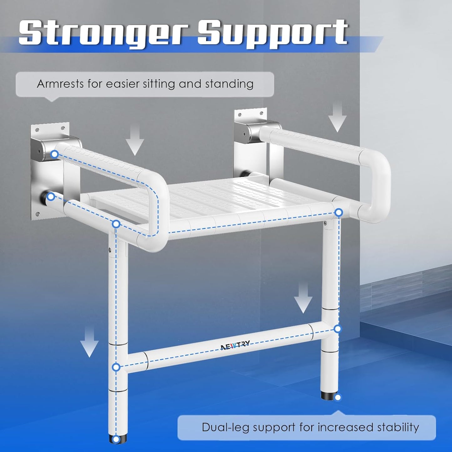 Folding Shower Seat Wall Mounted, 660lb Fold Down Shower Seat with Support Armrests/Footrest, Foldable