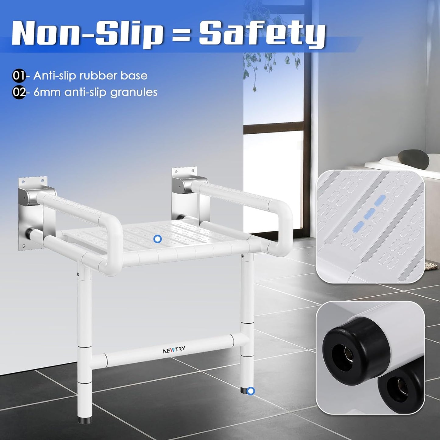 Folding Shower Seat Wall Mounted, 660lb Fold Down Shower Seat with Support Armrests/Footrest, Foldable