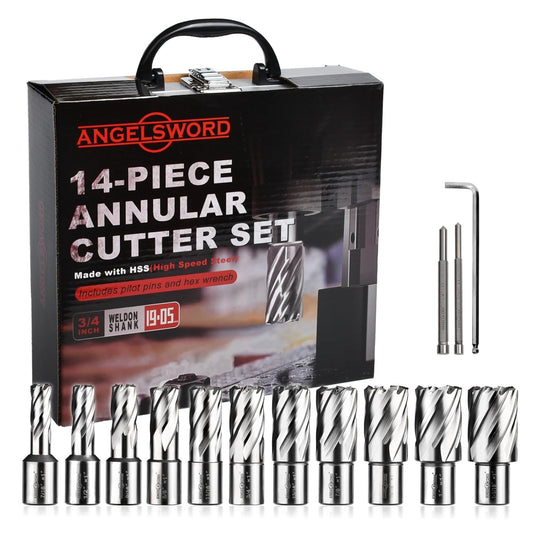 Annular Cutter Set 14 Pcs, High Speed Steel, Cutting Depth 1', Cutting Diameter 7/16' to 1-1/16'