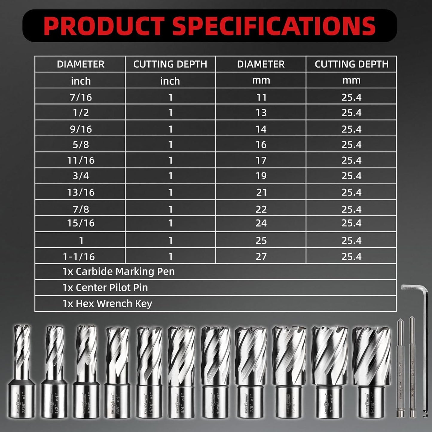 Annular Cutter Set 14 Pcs, High Speed Steel, Cutting Depth 1', Cutting Diameter 7/16' to 1-1/16'