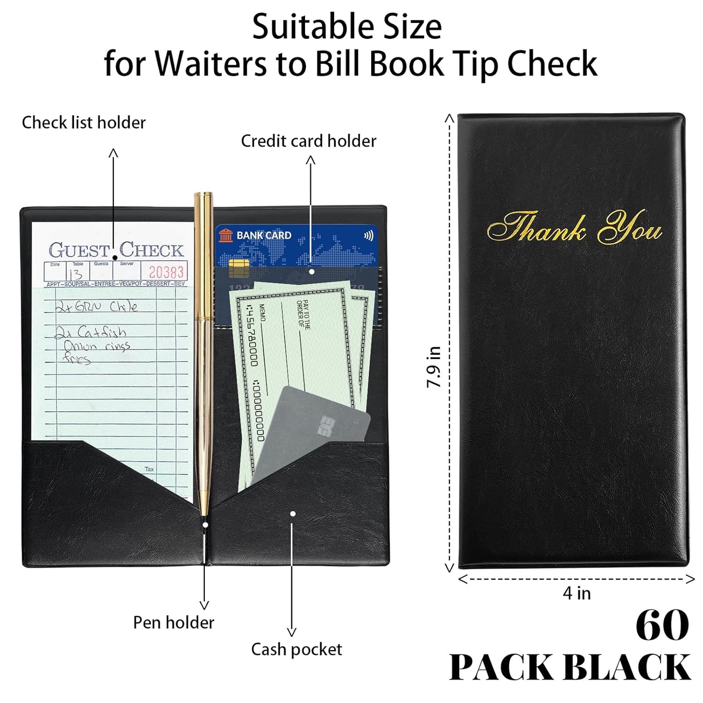 60 Pcs Check Presenters for Restaurants, 4 X 7.9 Inch Restaurant Check Presenters, Black