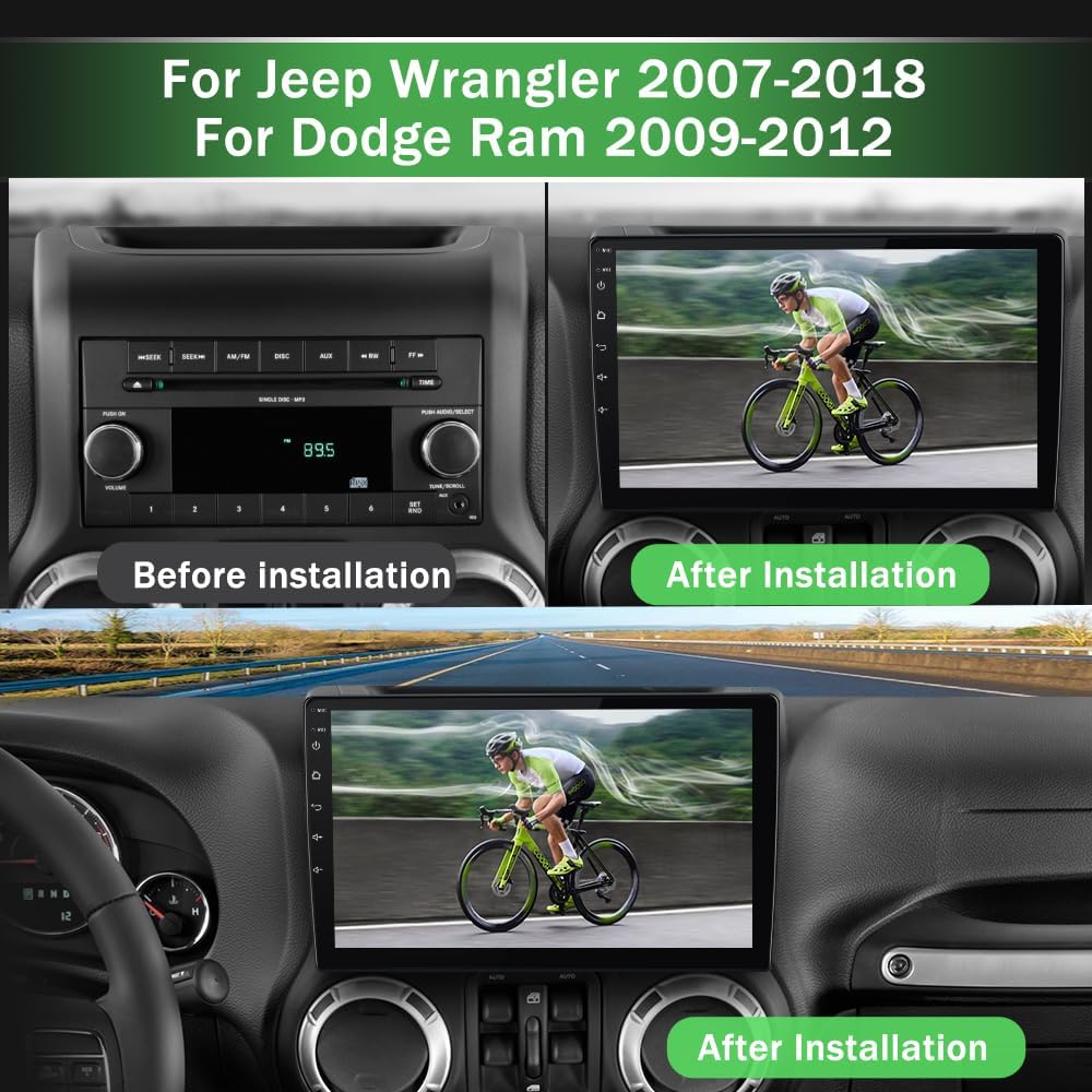 Car Radio Stereo for Jeep Wrangler JK Dodge RAM 1500 2500 3500 Compass Grand Cherokee,Android 13 with CarPlay/Android Auto 10 inch Screen FM AM WiFi,