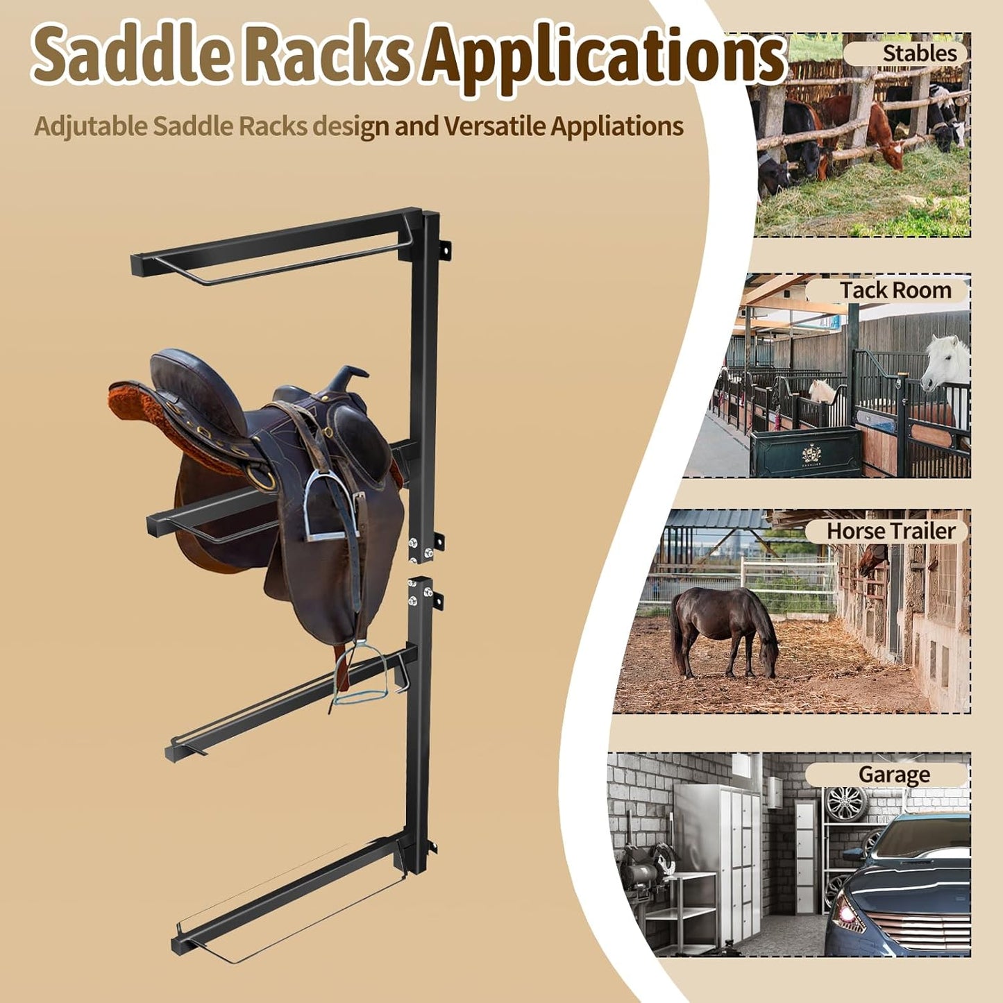 4 Tier Saddle Rack, Wall Mount for Western and English Saddle, Heavy Duty Steel Stand Supports to 300LB