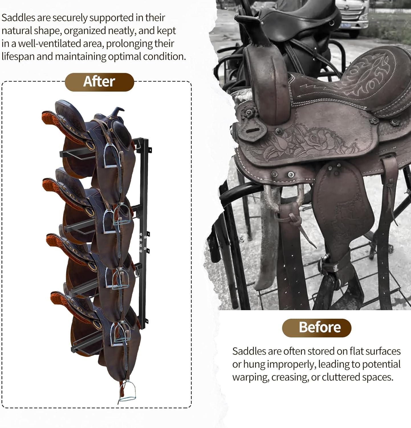 4 Tier Saddle Rack, Wall Mount for Western and English Saddle, Heavy Duty Steel Stand Supports to 300LB