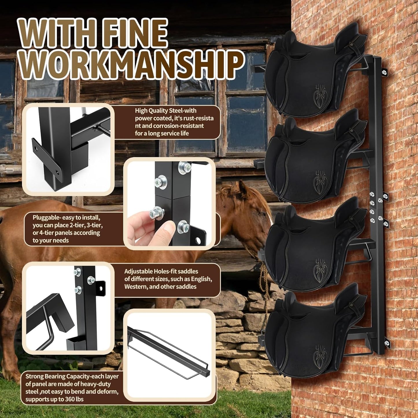 4 Tier Saddle Rack, Wall Mount for Western and English Saddle, Heavy Duty Steel Stand Supports to 300LB